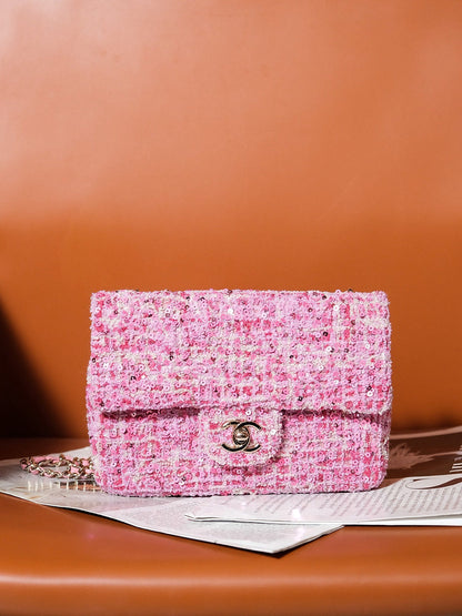 CHANEL 24S Flap Bag 20cm Pink White Sequin Calfskin