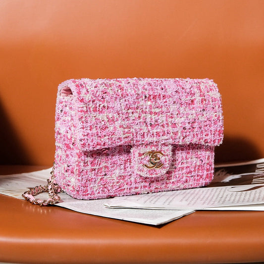 CHANEL 24S Flap Bag 20cm Pink White Sequin Calfskin