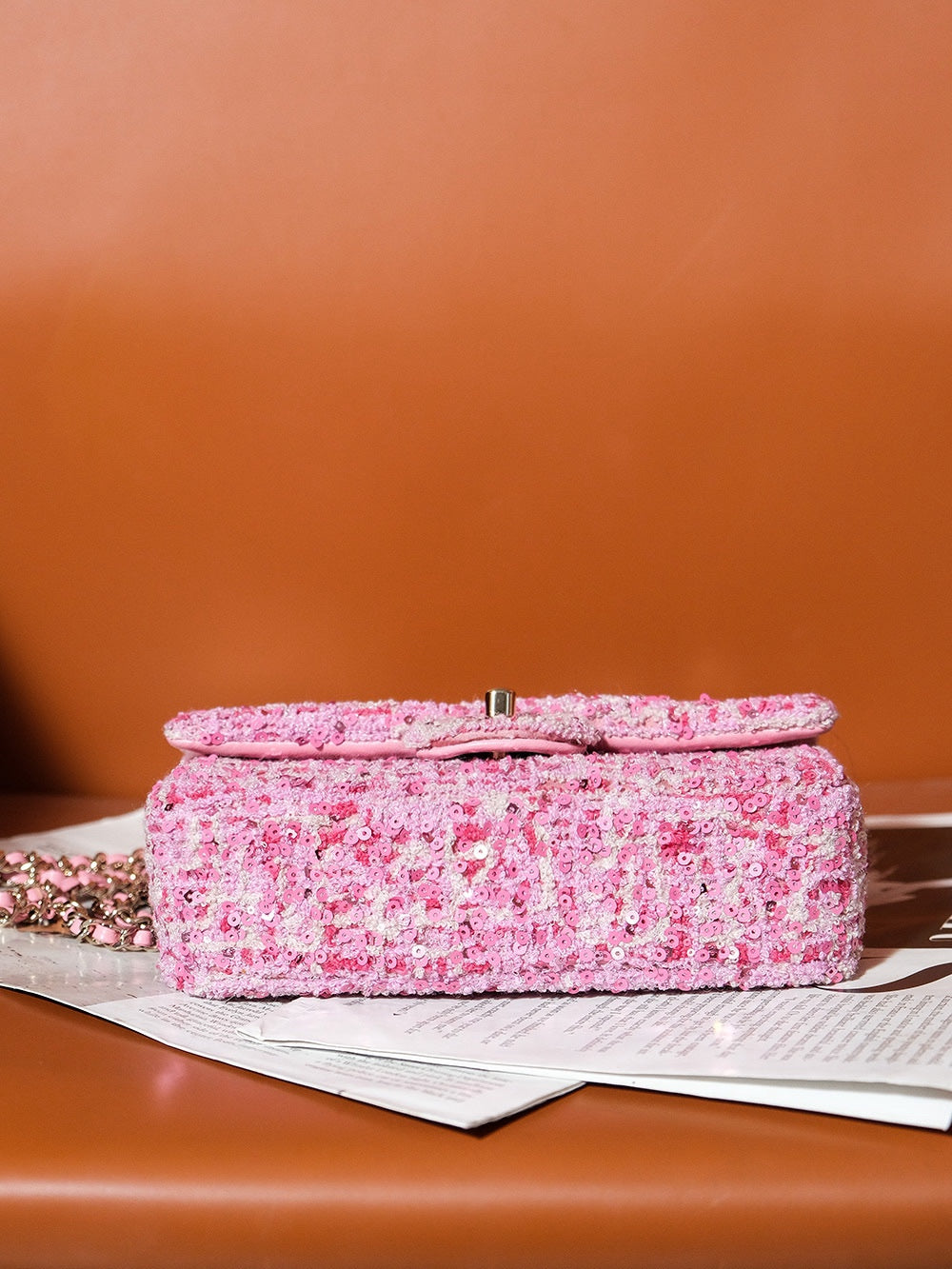 CHANEL 24S Flap Bag 20cm Pink White Sequin Calfskin