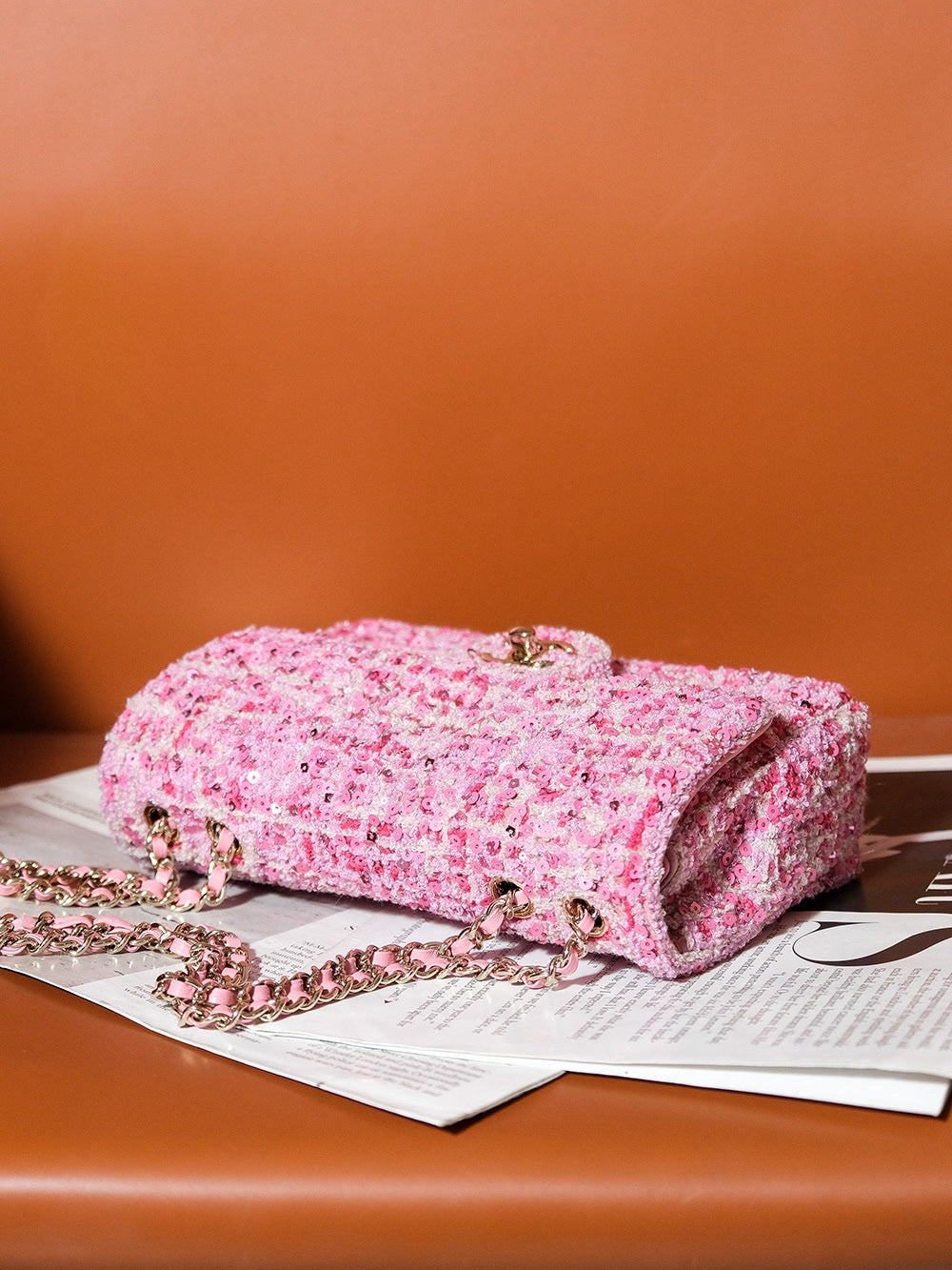 CHANEL 24S Flap Bag 20cm Pink White Sequin Calfskin