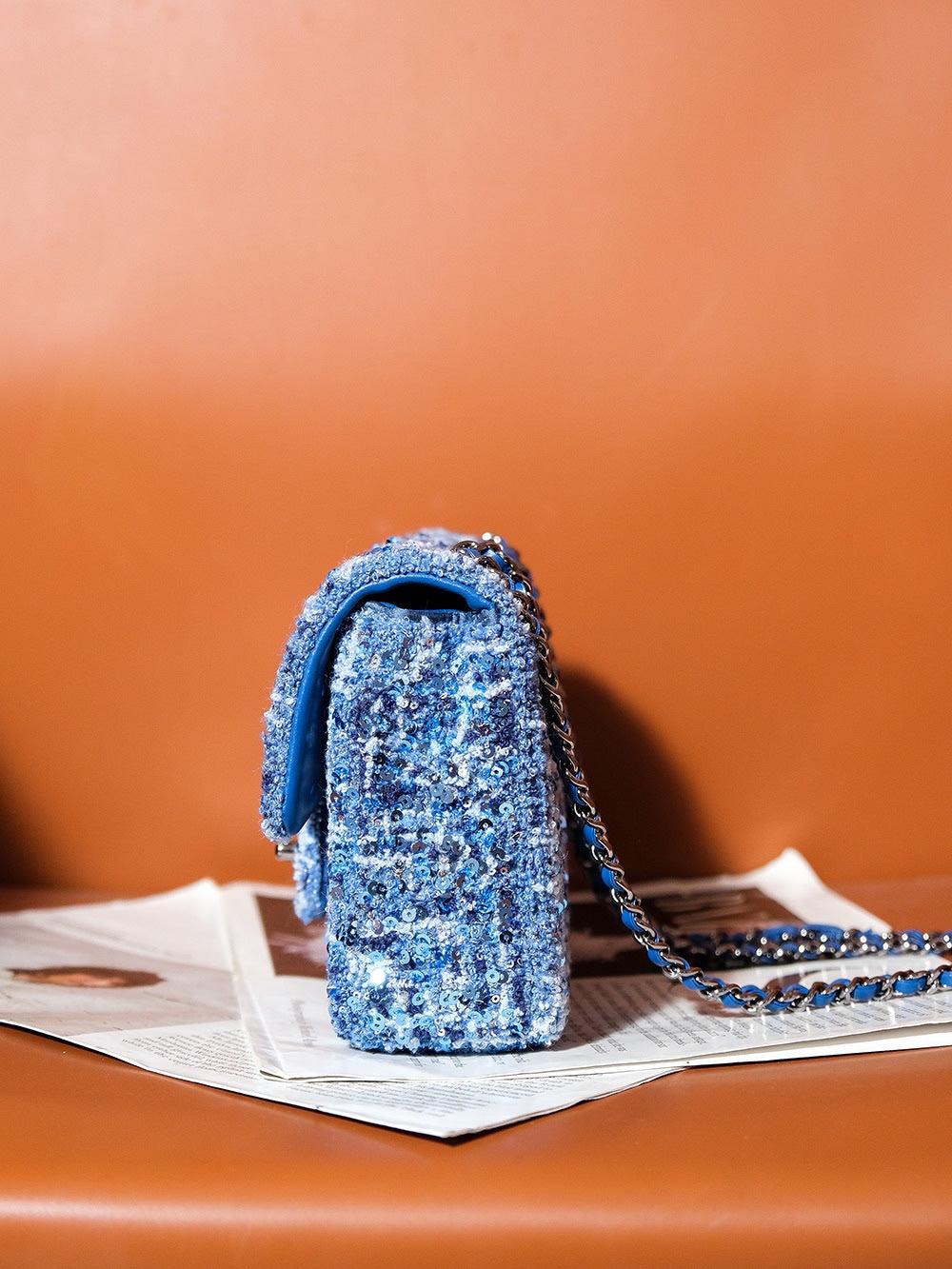 CHANEL 24S Flap Bag 20cm Blue White Sequin Calfskin