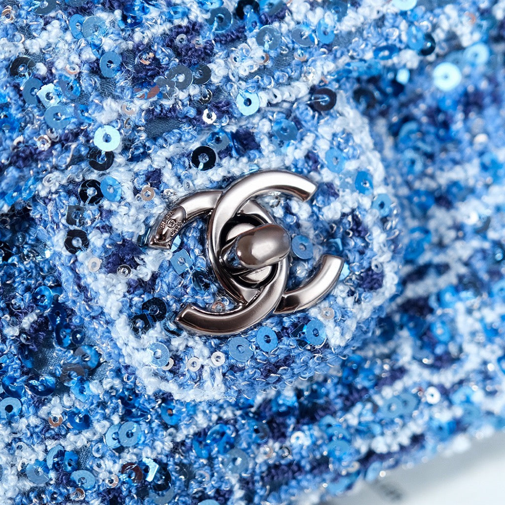 CHANEL 24S Flap Bag 20cm Blue White Sequin Calfskin