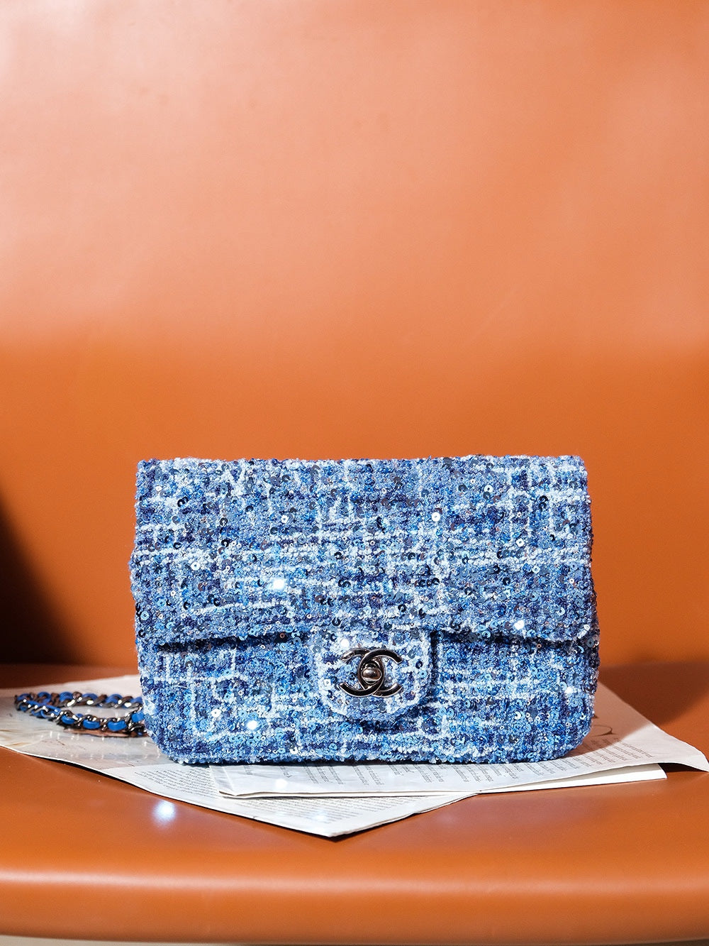 CHANEL 24S Flap Bag 20cm Blue White Sequin Calfskin