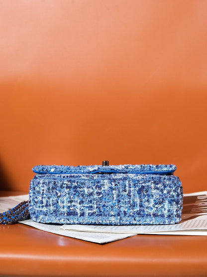 CHANEL 24S Flap Bag 20cm Blue White Sequin Calfskin