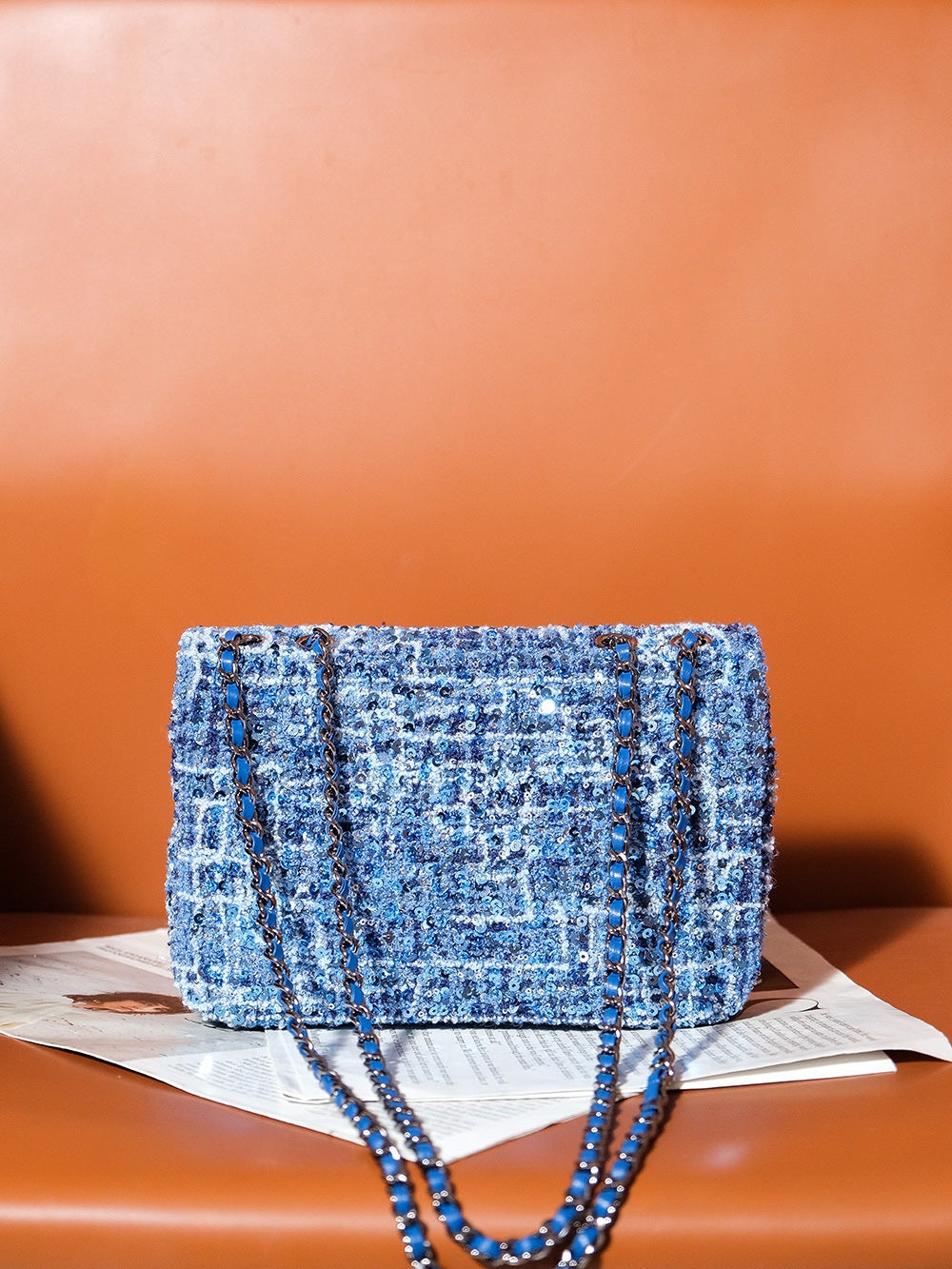 CHANEL 24S Flap Bag 20cm Blue White Sequin Calfskin
