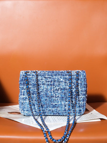 CHANEL 24S Flap Bag 20cm Blue White Sequin Calfskin