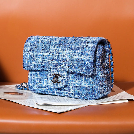 CHANEL 24S Flap Bag 20cm Blue White Sequin Calfskin