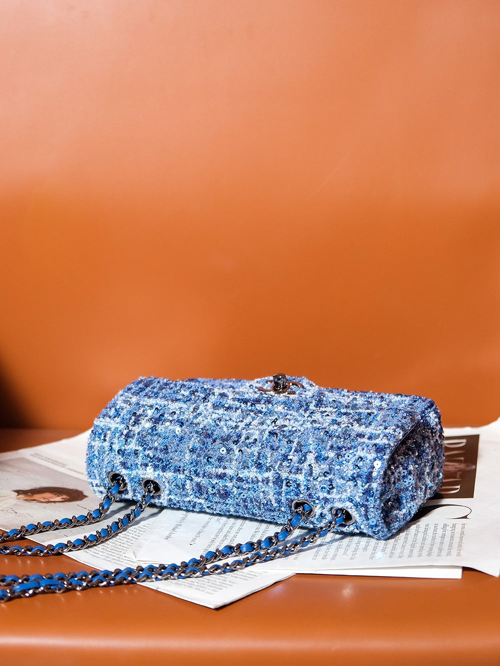 CHANEL 24S Flap Bag 20cm Blue White Sequin Calfskin