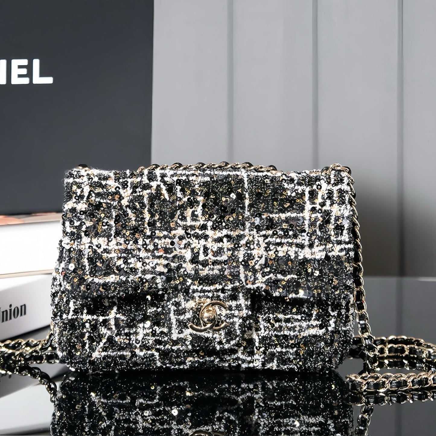 CHANEL 24S Flap Bag 20cm Black White Sequin Calfskin