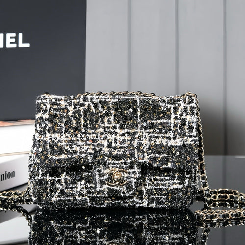 CHANEL 24S Flap Bag 20cm Black White Sequin Calfskin