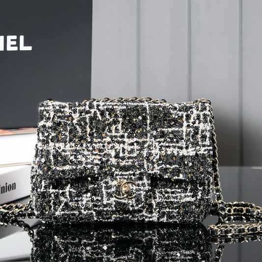 CHANEL 24S Flap Bag 20cm Black White Sequin Calfskin