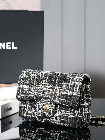 CHANEL 24S Flap Bag 20cm Black White Sequin Calfskin