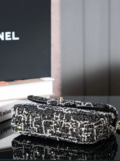 CHANEL 24S Flap Bag 20cm Black White Sequin Calfskin