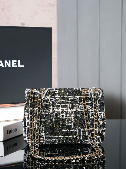 CHANEL 24S Flap Bag 20cm Black White Sequin Calfskin