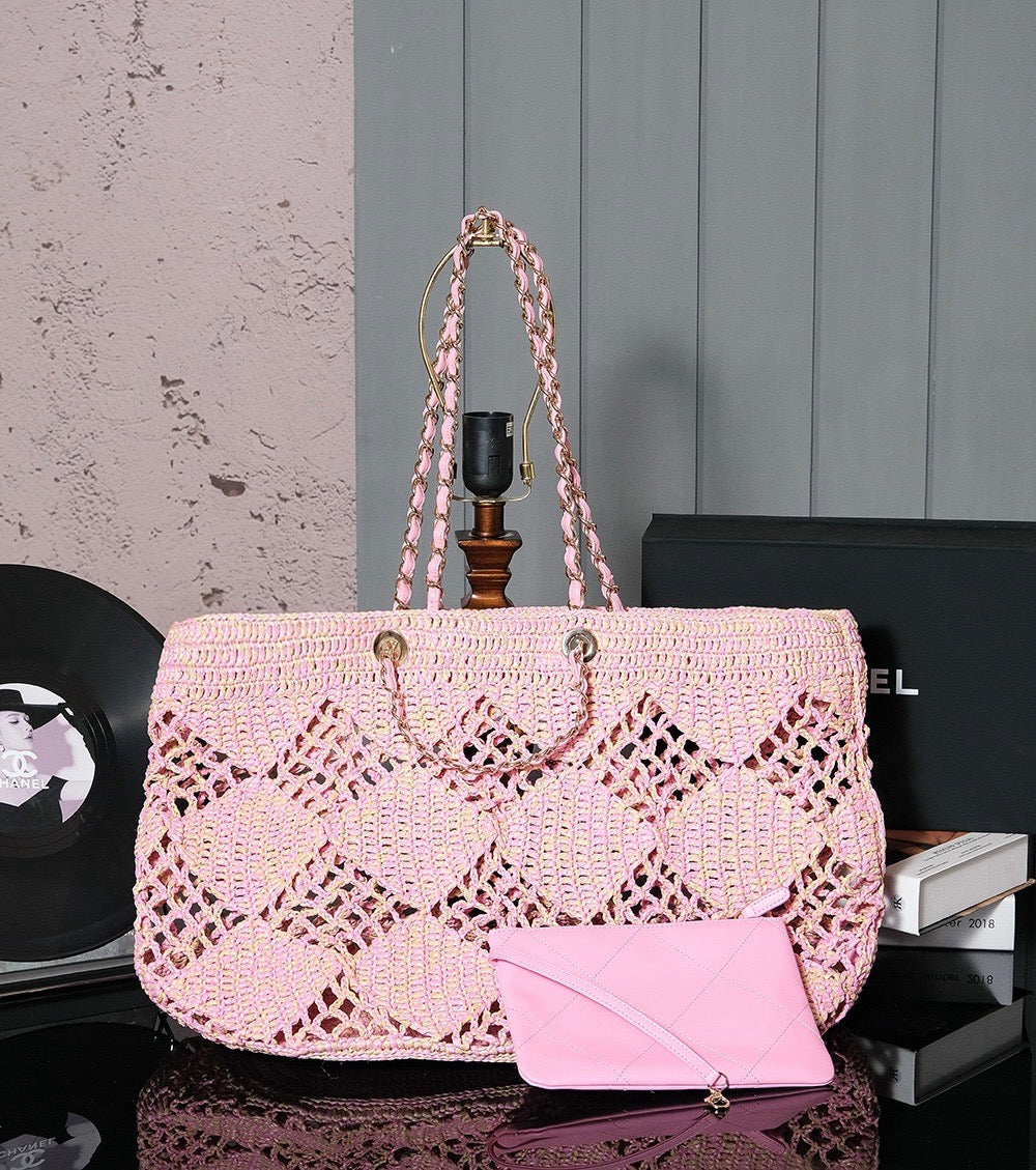 CHANEL coco beach bag 51cm pink raffia