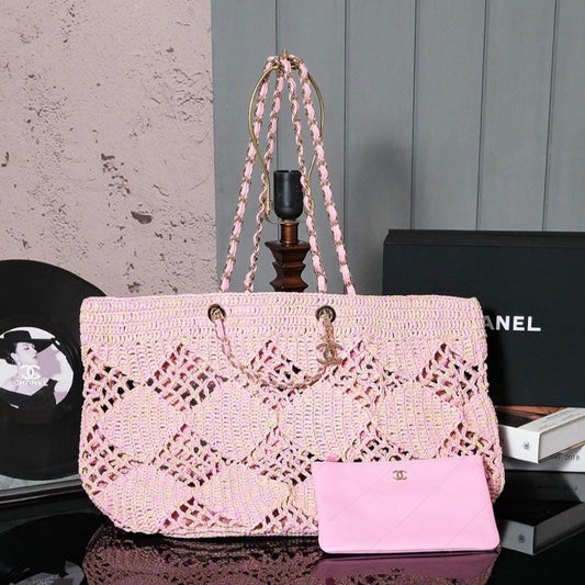 CHANEL coco beach bag 51cm pink raffia