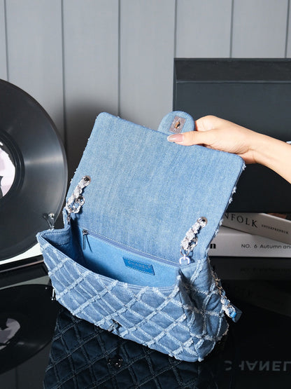 CHANEL 24S Flap Bag 25.5cm Blue Quilted Denim