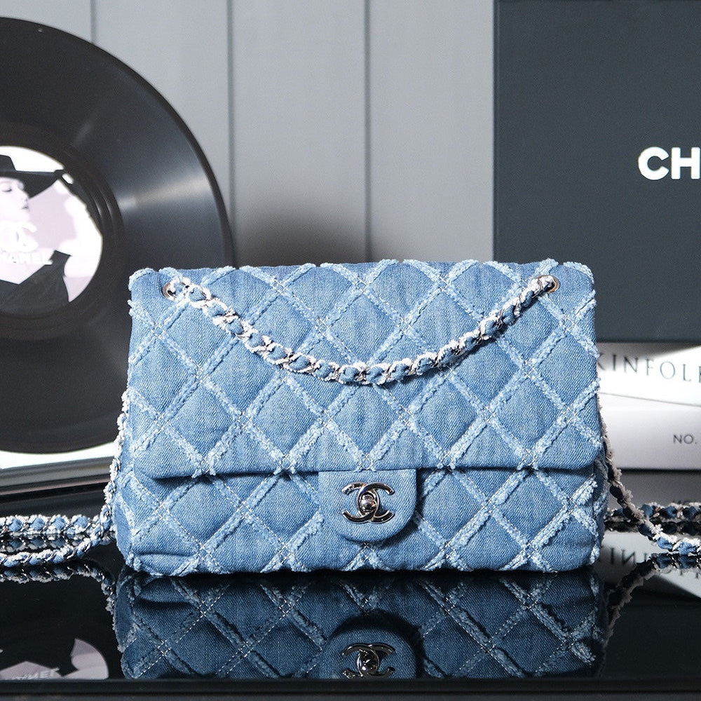 CHANEL 24S Flap Bag 25.5cm Blue Quilted Denim