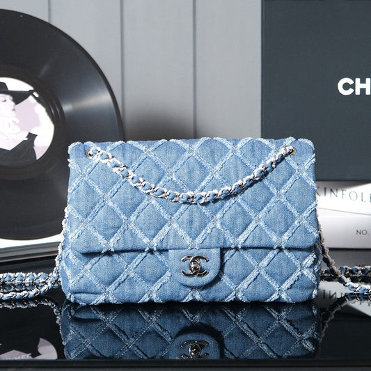 CHANEL 24S Flap Bag 25.5cm Blue Quilted Denim