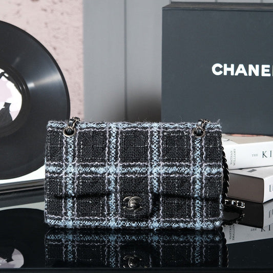 CHANEL 24K Flap Bag 25.5cm Blue Black Stripe Tweed
