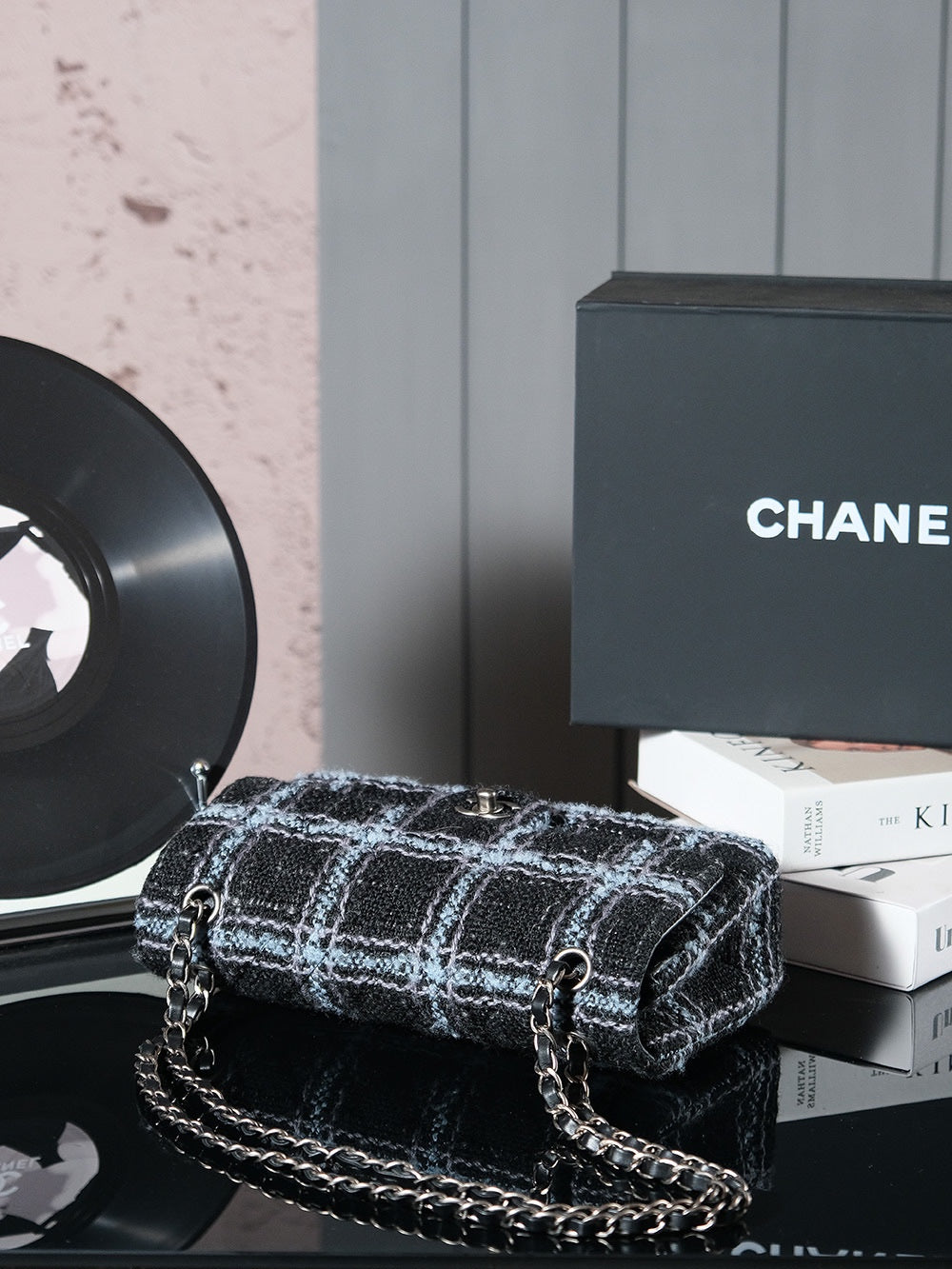 CHANEL 24K Flap Bag 25.5cm Blue Black Stripe Tweed