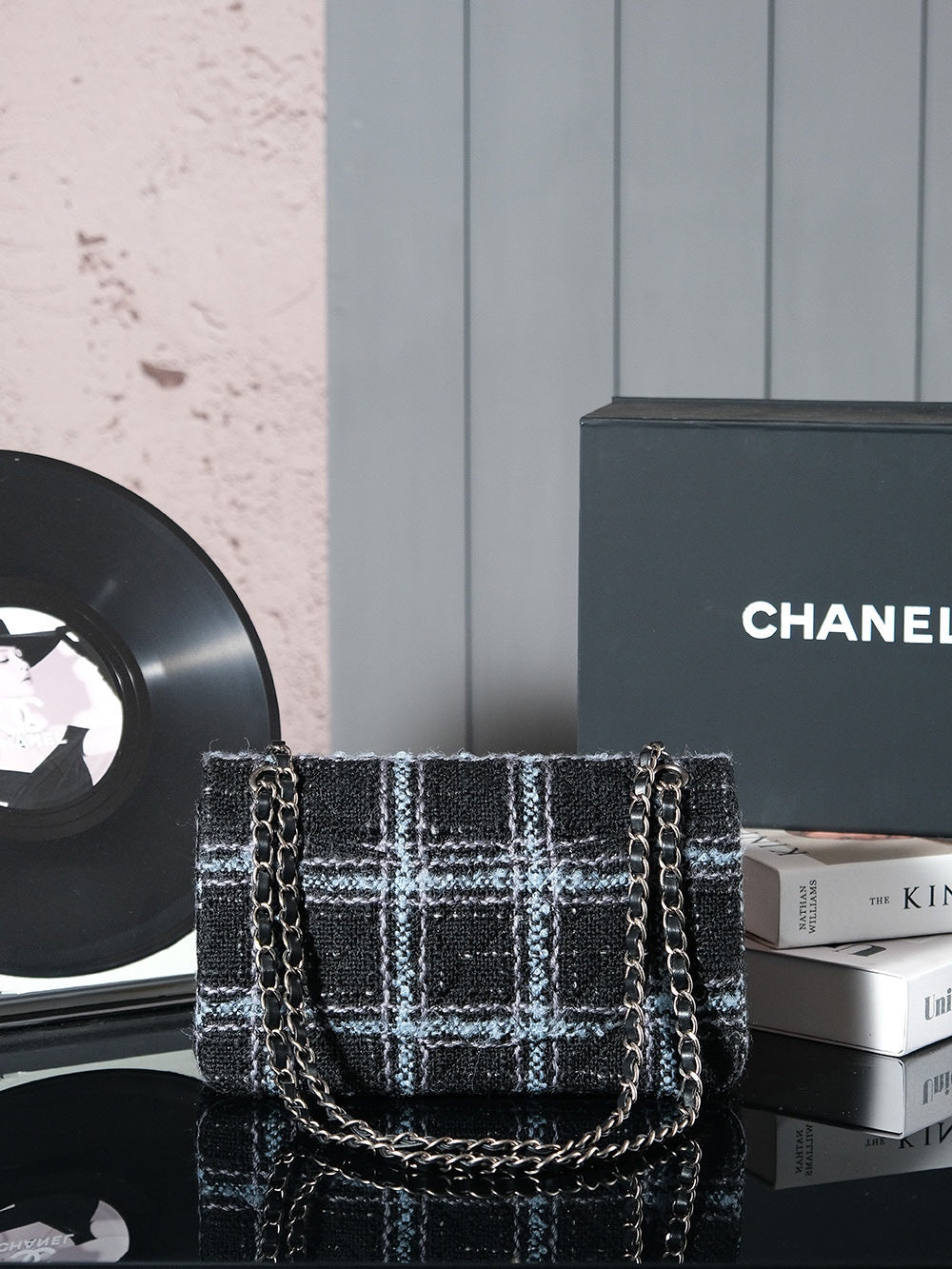 CHANEL 24K Flap Bag 25.5cm Blue Black Stripe Tweed