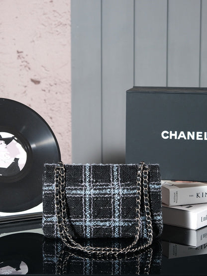 CHANEL 24K Flap Bag 25.5cm Blue Black Stripe Tweed