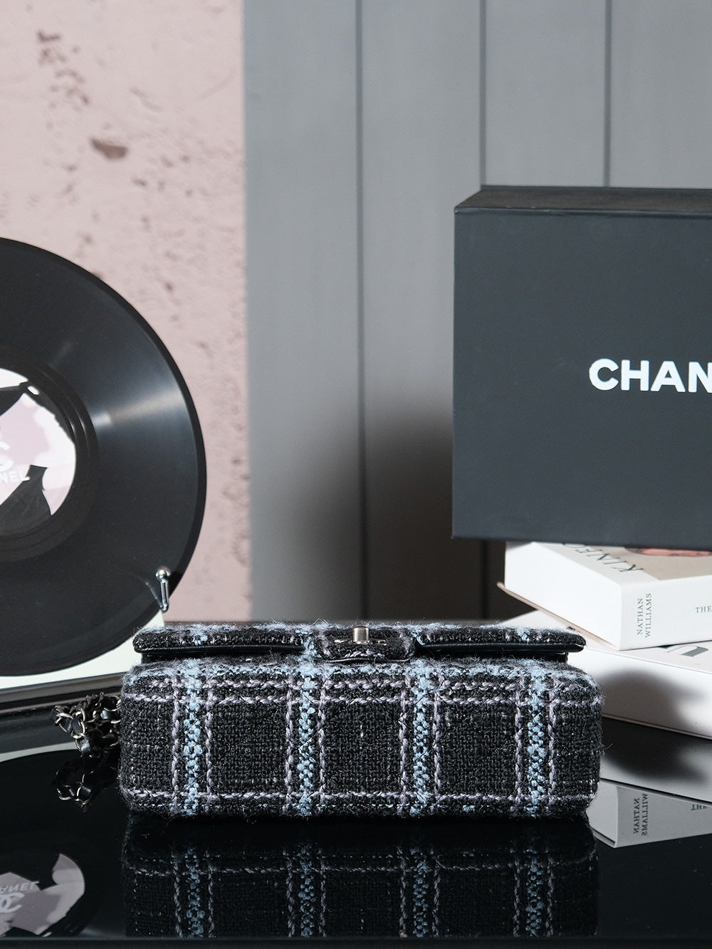 CHANEL 24K Flap Bag 25.5cm Blue Black Stripe Tweed