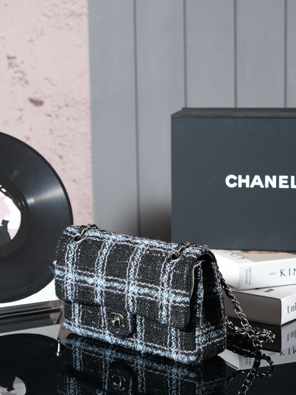 CHANEL 24K Flap Bag 25.5cm Blue Black Stripe Tweed