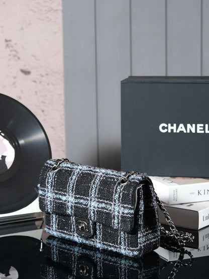 CHANEL 24K Flap Bag 25.5cm Blue Black Stripe Tweed