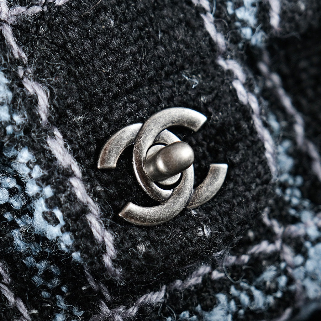 CHANEL 24K Flap Bag 25.5cm Blue Black Stripe Tweed