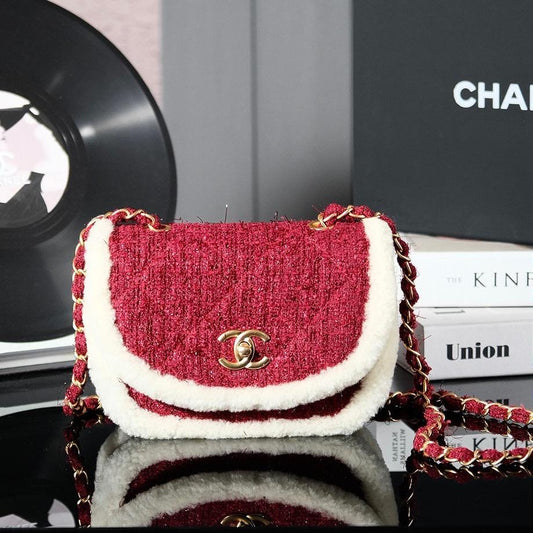 CHANEL 24N Flap Bag 20cm Red Beige Tweed Sherling