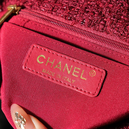 CHANEL 24N Flap Bag 20cm Red Beige Tweed Sherling