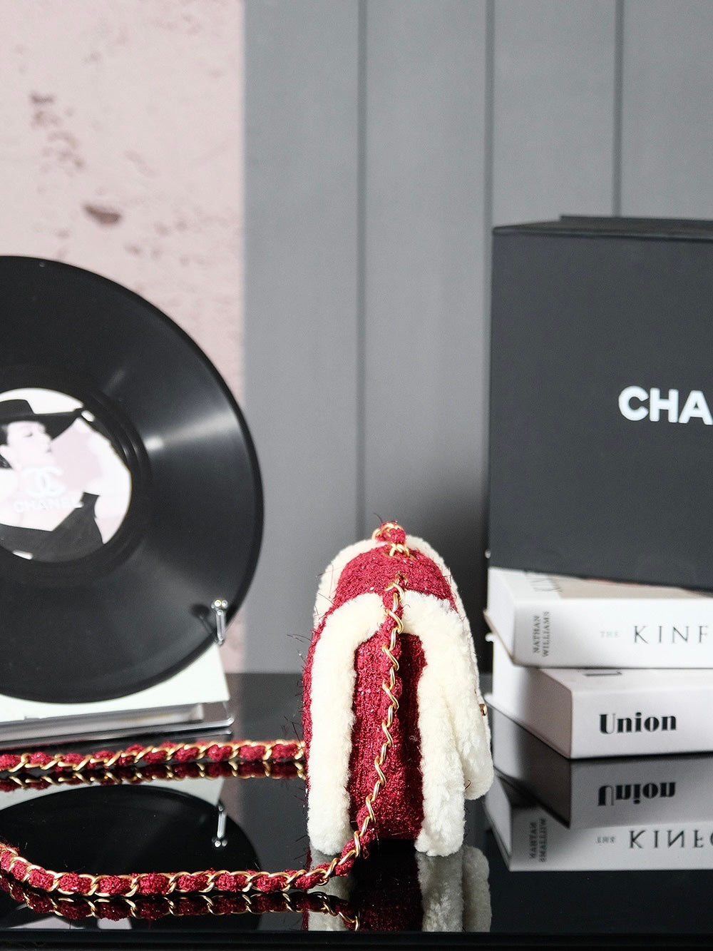CHANEL 24N Flap Bag 20cm Red Beige Tweed Sherling