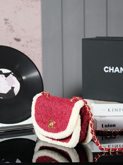 CHANEL 24N Flap Bag 20cm Red Beige Tweed Sherling