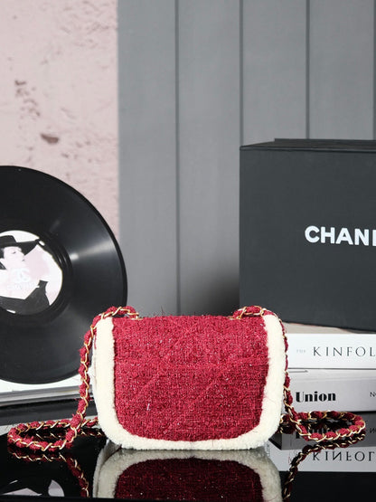 CHANEL 24N Flap Bag 20cm Red Beige Tweed Sherling