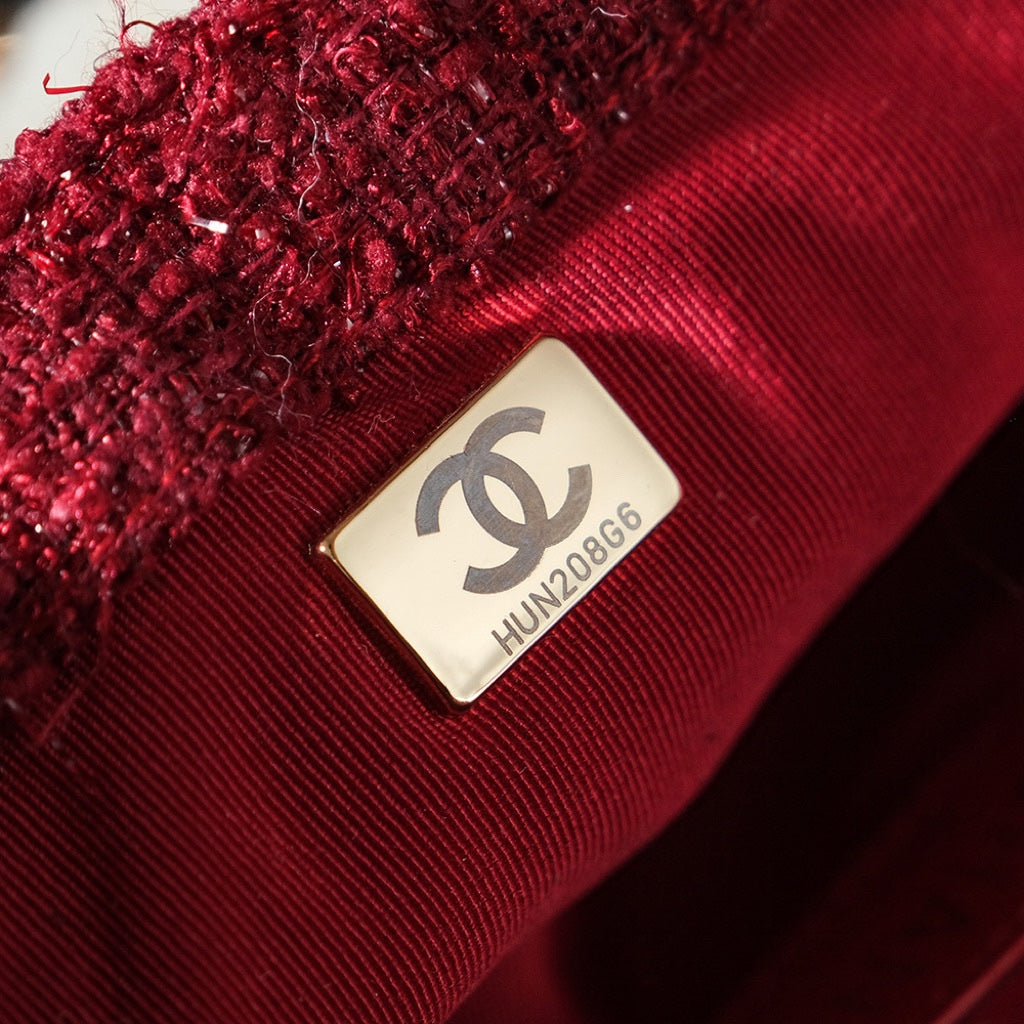 CHANEL 24N Flap Bag 20cm Red Beige Tweed Sherling