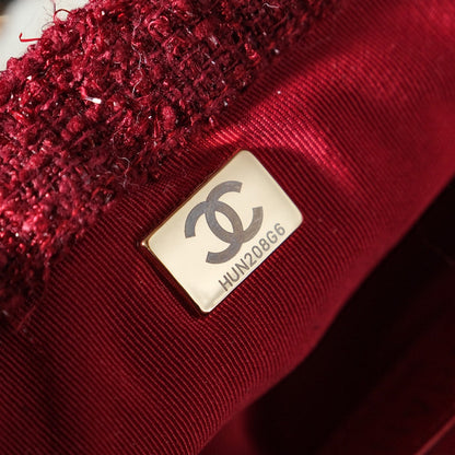 CHANEL 24N Flap Bag 20cm Red Beige Tweed Sherling