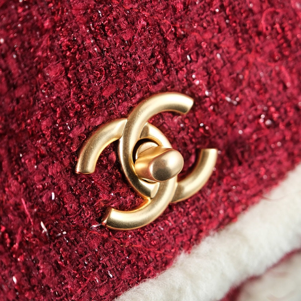 CHANEL 24N Flap Bag 20cm Red Beige Tweed Sherling