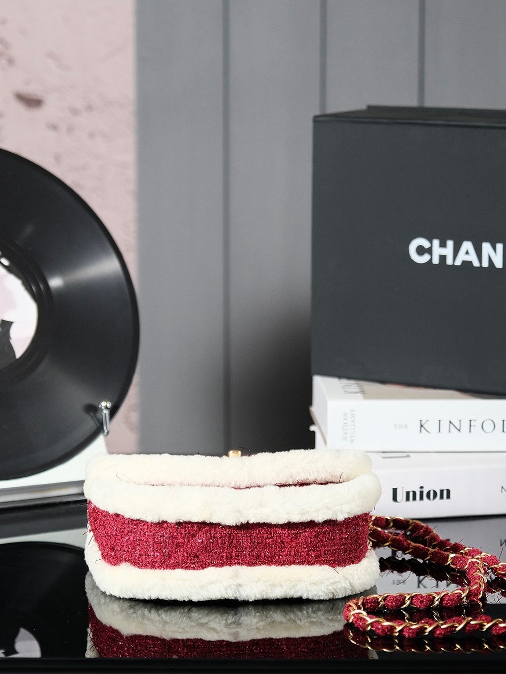 CHANEL 24N Flap Bag 20cm Red Beige Tweed Sherling