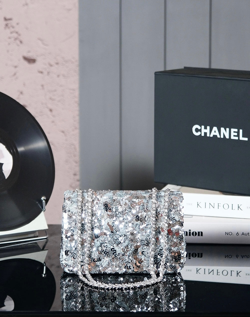 CHANEL 25C Flap Bag 21cm Dense Silver Sequin White Calfskin