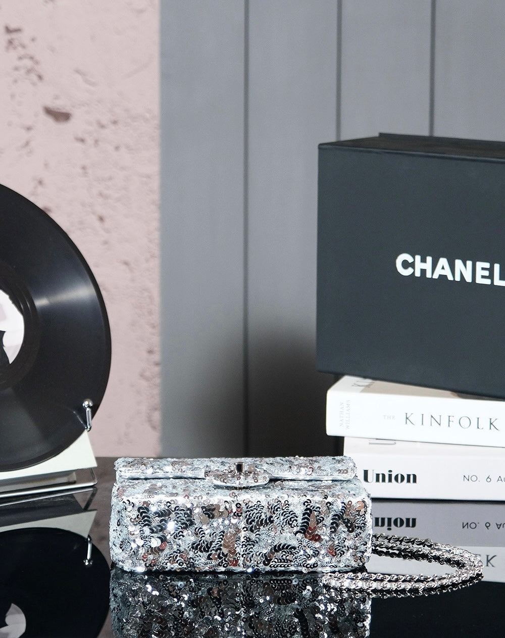 CHANEL 25C Flap Bag 21cm Dense Silver Sequin White Calfskin