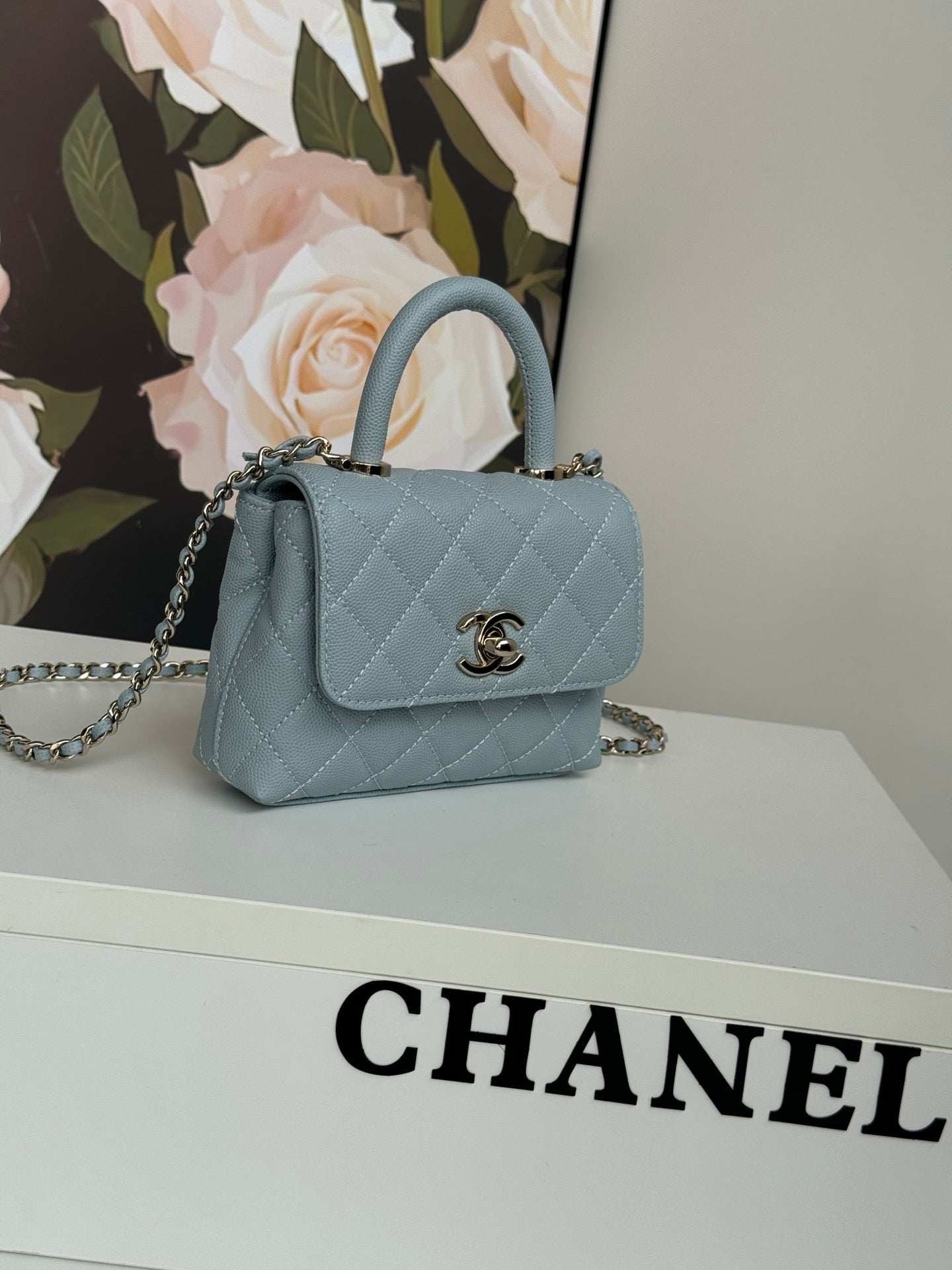 CHANEL 24K Coco Handle Nano 14.5cm Cloud Blue Grained Calfskin Gold Hardware