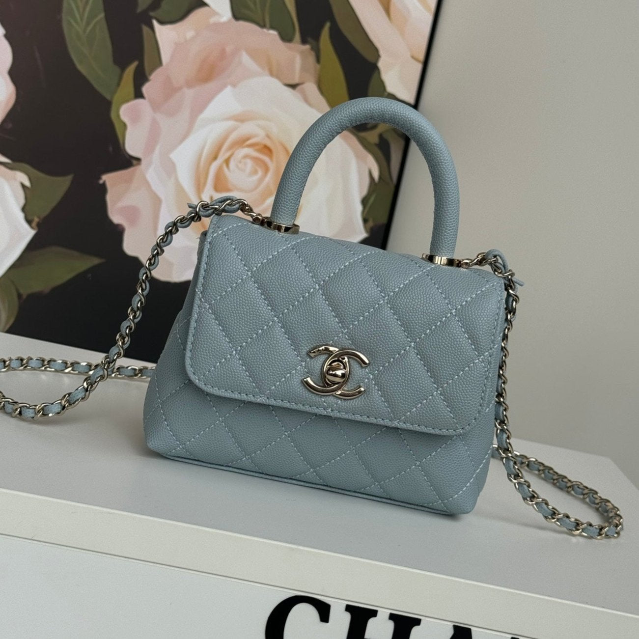 CHANEL 24K Coco Handle Nano 14.5cm Cloud Blue Grained Calfskin Gold Hardware