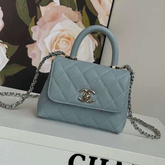 CHANEL 24K Coco Handle Nano 14.5cm Cloud Blue Grained Calfskin Gold Hardware