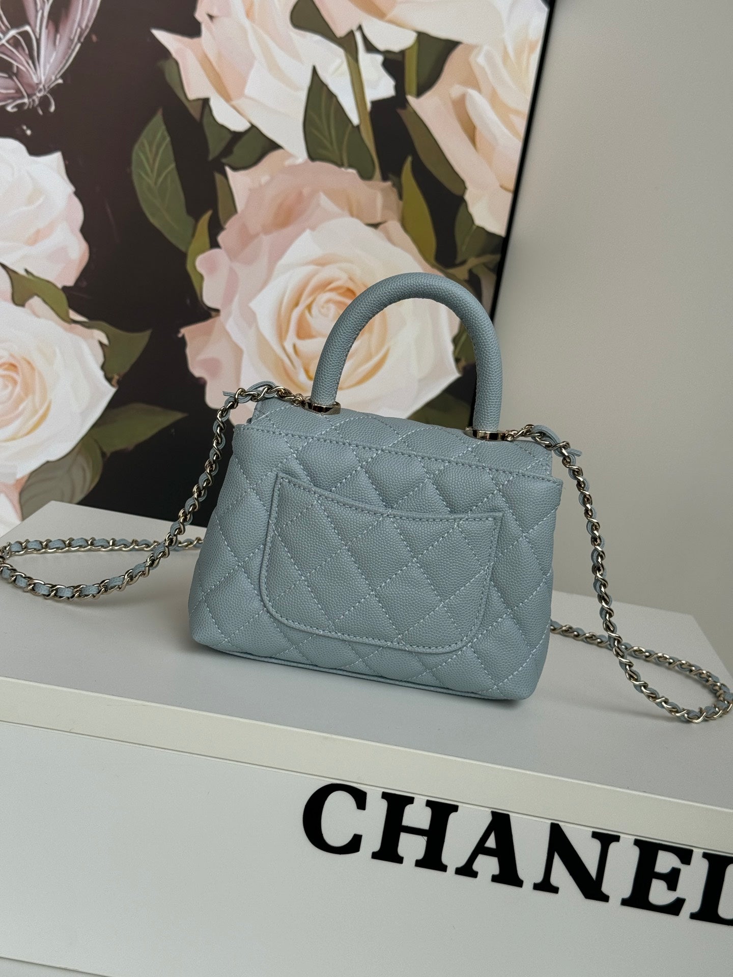 CHANEL 24K Coco Handle Nano 14.5cm Cloud Blue Grained Calfskin Gold Hardware
