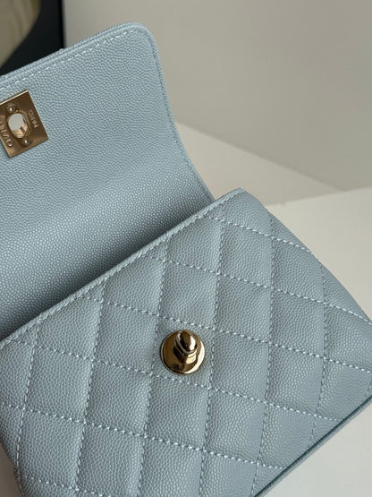 CHANEL 24K Coco Handle Nano 14.5cm Cloud Blue Grained Calfskin Gold Hardware