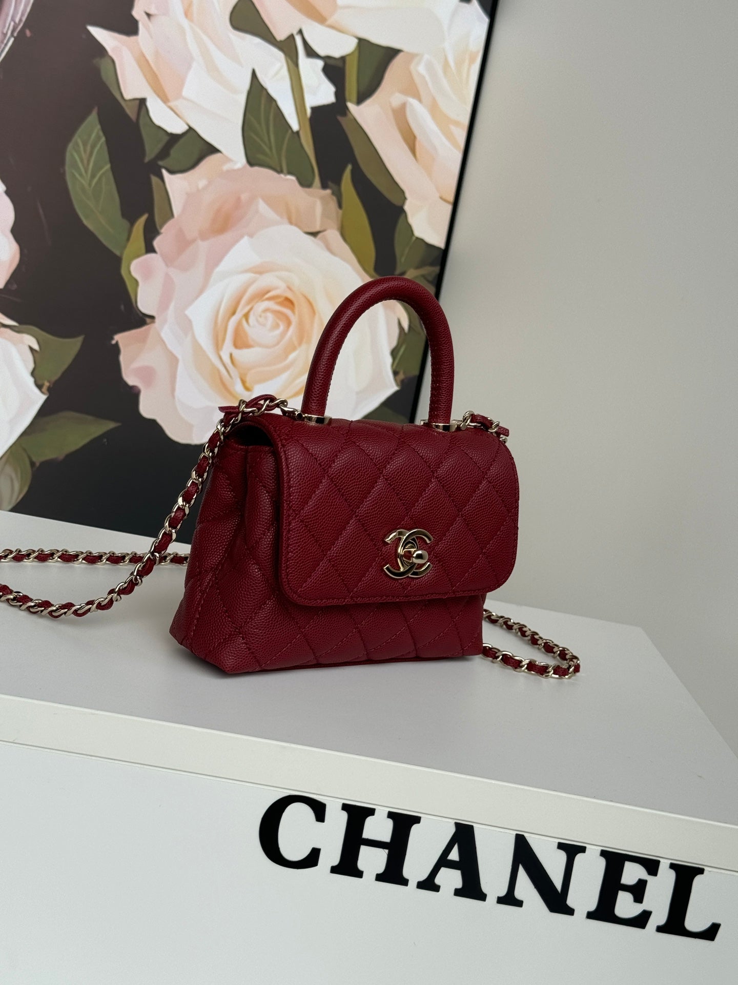 CHANEL 24K Coco Handle Nano 14.5cm Burgundy Grained Calfskin Gold Hardware