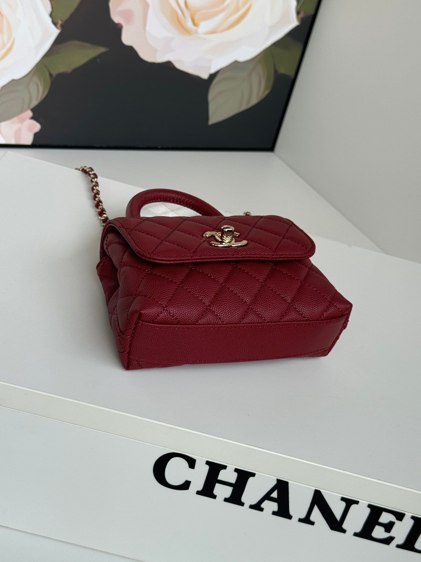 CHANEL 24K Coco Handle Nano 14.5cm Burgundy Grained Calfskin Gold Hardware