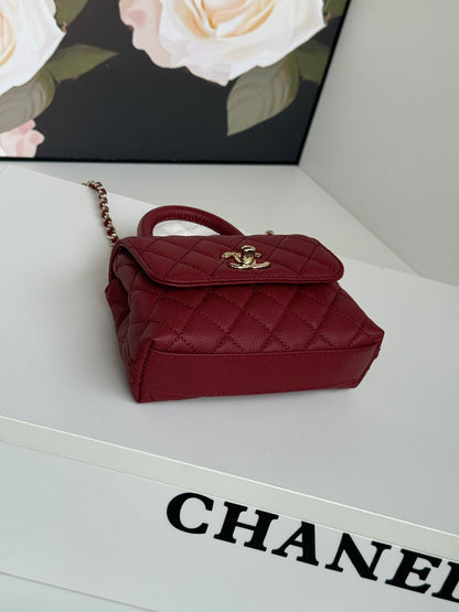 CHANEL 24K Coco Handle Nano 14.5cm Burgundy Grained Calfskin Gold Hardware